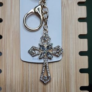 Mint Brand Gold Tone Clear Crystal Cross Keychain/Bag Charm